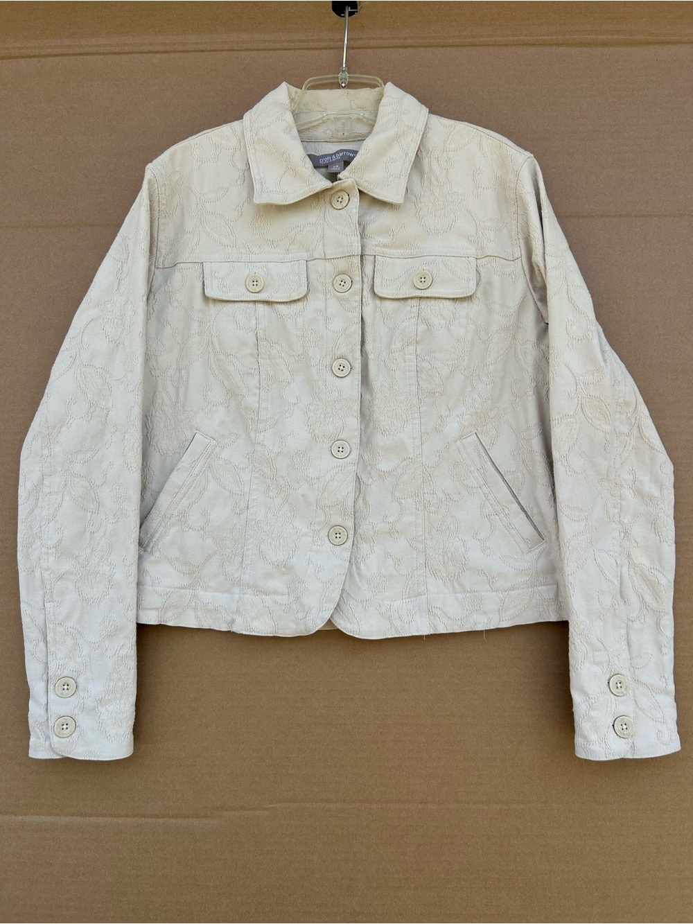 Croft & Barrow Jacket Blazer Tan Small Button Down Collar Cotton Embroidered